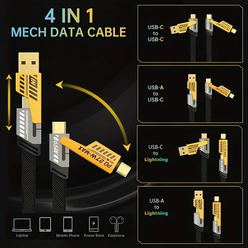 4 In 1 Multi Usb Pd Charging Cable 27W / 65W (Type-C To C, C To Lightning, Usb T)